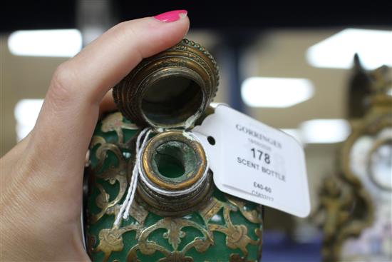 A 19th century French gilt metal mounted glass scent bottle, inset with painted and enamelled plaques, height 13cm